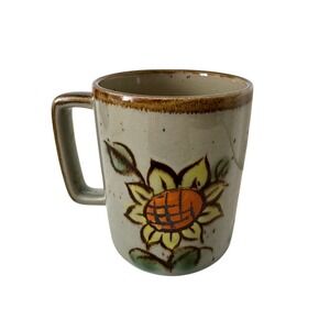 Vintage Sunflower Stoneware Mug Hand Painted Speckled Ceramic Coffee Cup 10oz